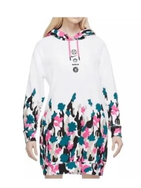Nike Womens Essential Fleece Floral Hoodie Dress with Teal & Pink Print